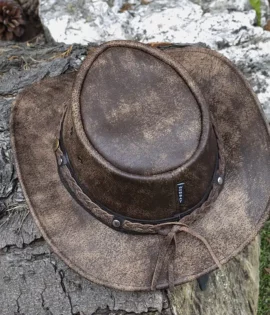 wombat the wilds brown leather distressed style foldable hat unisex