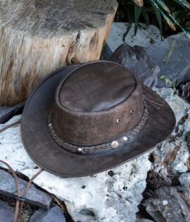 Rugged Australian Hat - Brown Leather Hat The Wilds, by Wombat – Distressed Bush Hat | Rugged Australian Style | Unisex Hats Whether you're camping, hiking, or just exploring the great outdoors, The Wilds brown Leather Hat is your perfect companion. This rugged, Australian-inspired bush hat is crafted with soft, foldable full grain leather, making it the perfect hat for travel and adventure.