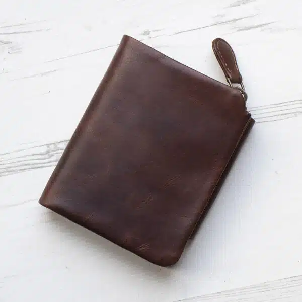 brown leather wallet with coin zipped pocket on wood background