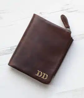 brown leather wallet with coin zipped pocket initialled in gold foil