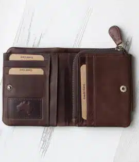 side view of a brown leather wallet with coin zipped pocket