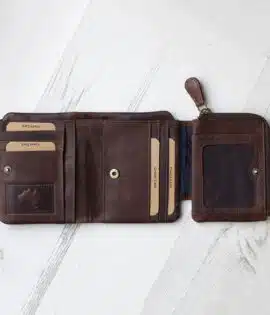 front view of a brown leather wallet with coin zipped pocket