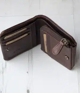 side view of a brown leather wallet with coin zipped pocket