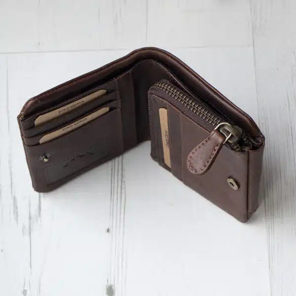 side view of a brown leather wallet with coin zipped pocket