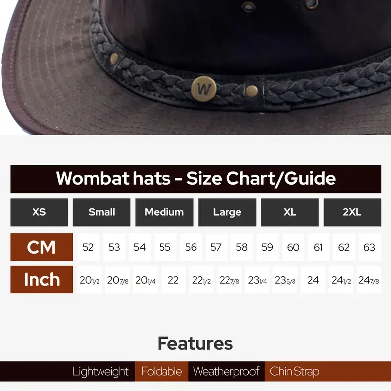 wilderness brown waxed cotton hat size guide - wombat