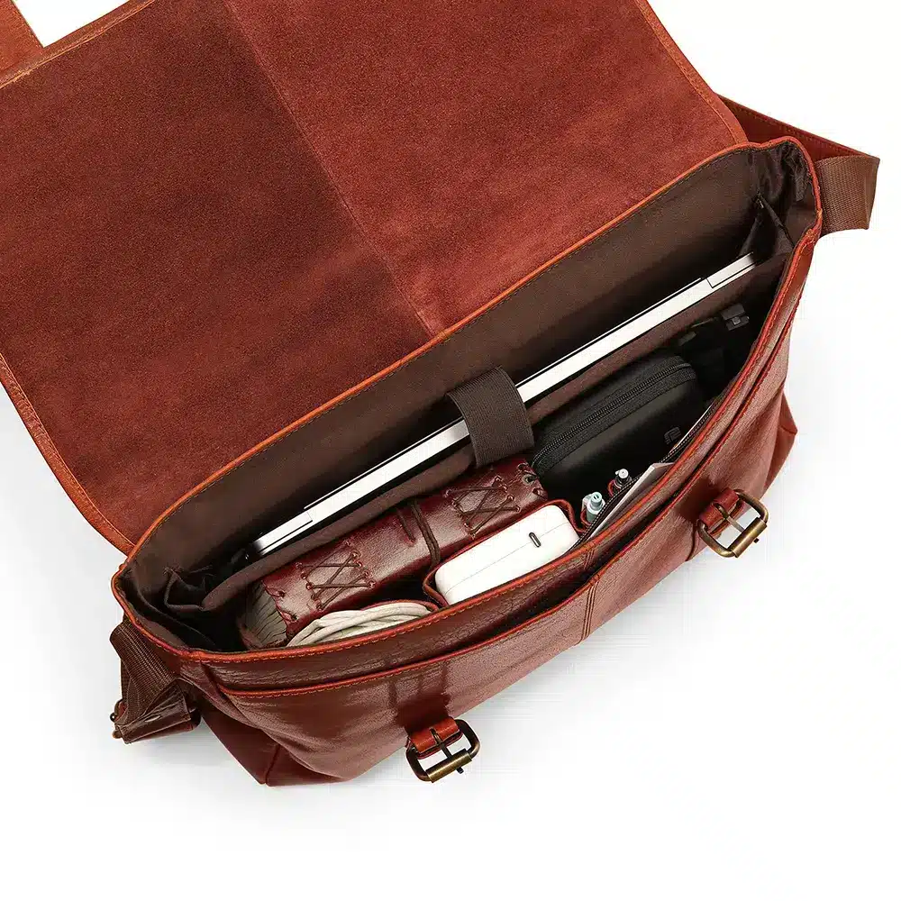 Rugged Leather Briefcase Business Satchel showing inside