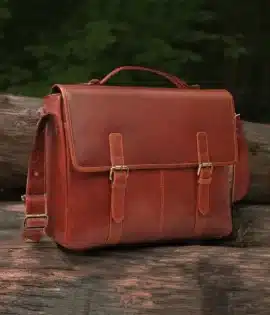 wombat Rugged Leather Briefcase Business Satchel inside view showing leather shoulder strap