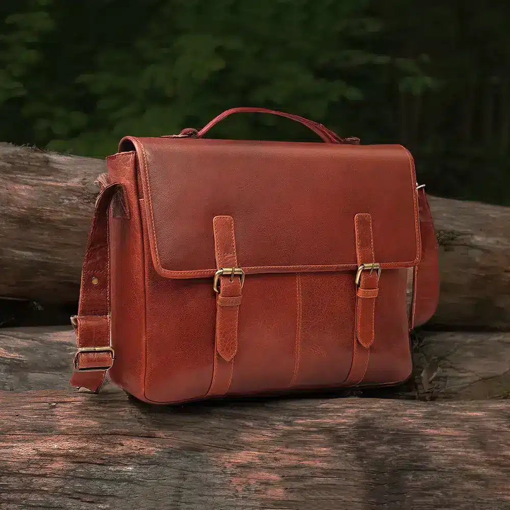 wombat Rugged Leather Briefcase Business Satchel inside view showing leather shoulder strap