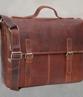 wombat Rugged Leather Briefcase Business Satchel inside view showing leather shoulder strap