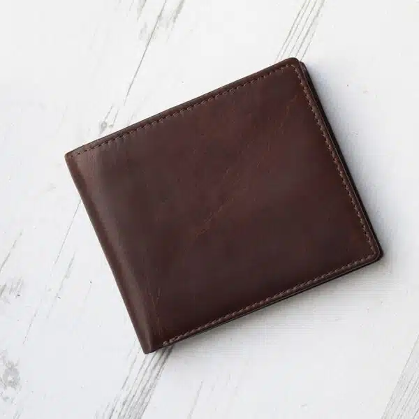 brown leather wallet with coin zipped pocket on wood background