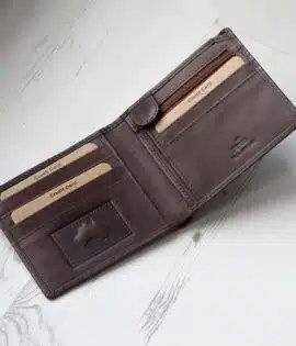 brown leather wallet with coin zipped pocket on wood background