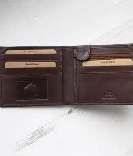 brown leather wallet with coin zipped pocket on wood background