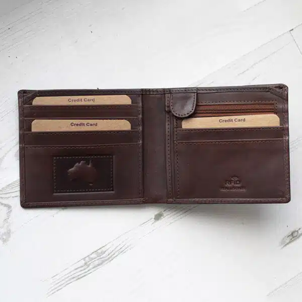 brown leather wallet with coin zipped pocket on wood background