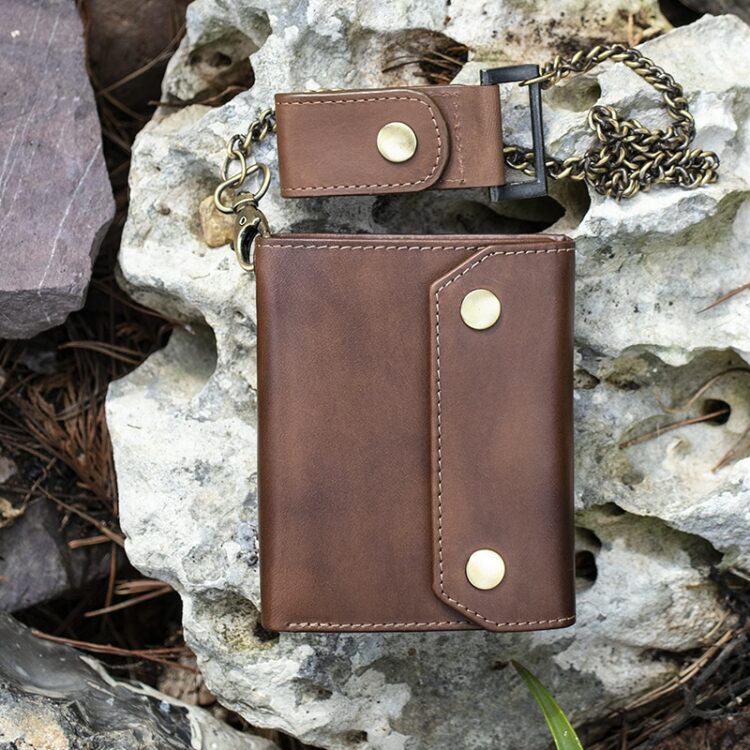 English Hide Leather Trifold Brown Biker Wallet