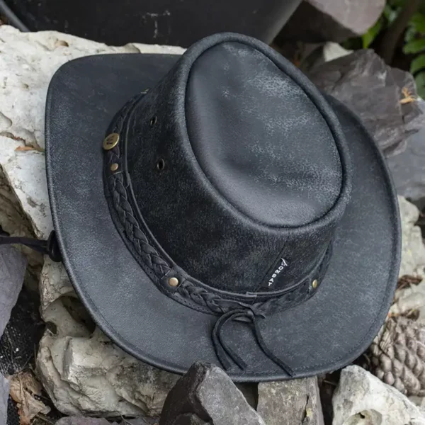 wombat the wilds black leather distressed style foldable hat unisex rear view