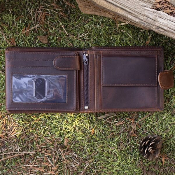 wombat Brown Oiled Leather Trifold Tab Wallet showing coin pocket and ID window with vertical zipped pocket