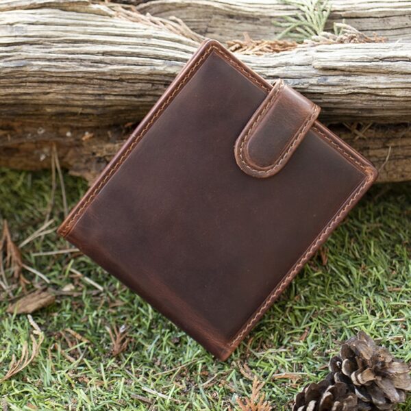 front image of wombat Brown Oiled Leather Trifold Tab Wallet