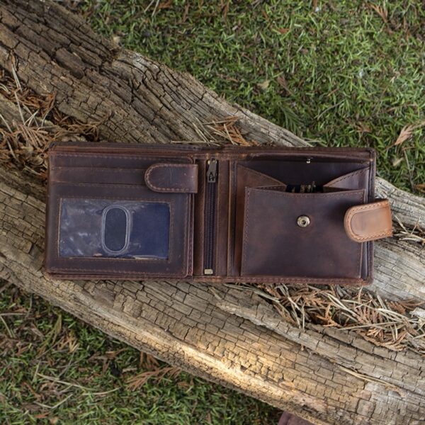 wombat Brown Oiled Leather Trifold Tab Wallet showing coin pocket