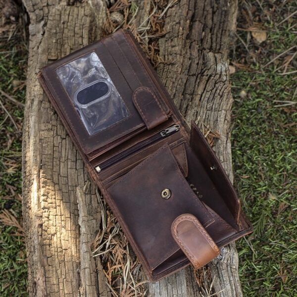 wombat Brown Oiled Leather Trifold Tab Wallet showing coin pocket