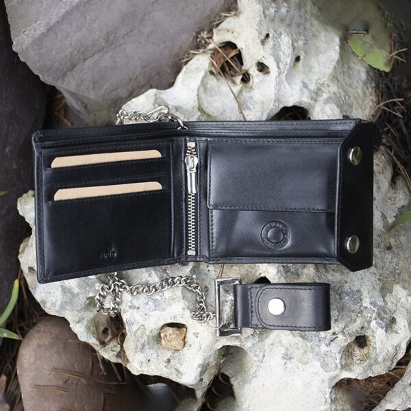 wombat English Hide Leather black bifold Biker Wallet inside view