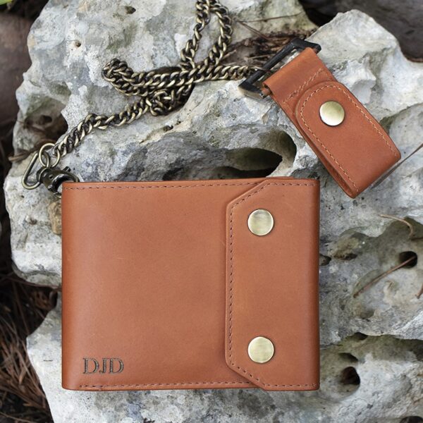 wombat English Hide Leather bifold tan Biker Wallet showing personalisation