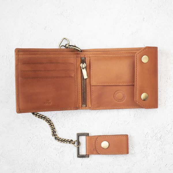 wombat English Hide tan Leather bifold Biker Wallet showing inside view