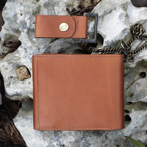 wombat English Hide tan Leather bifold tan Biker Wallet showing rear view