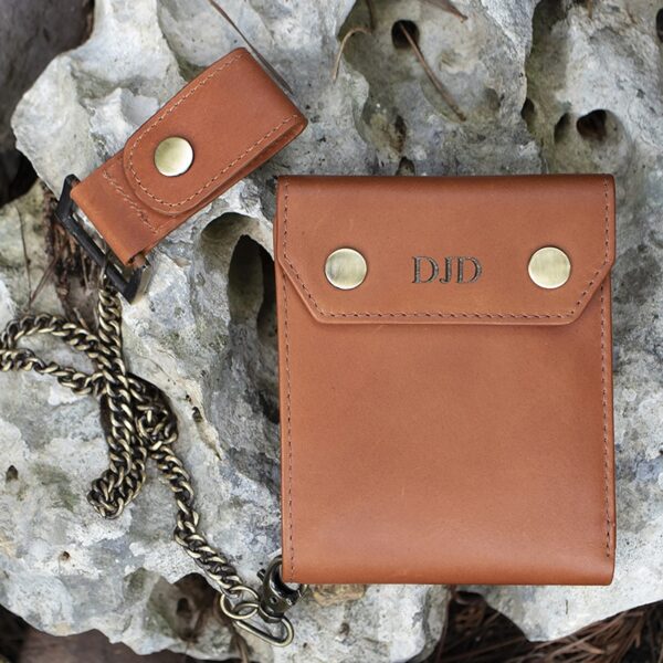 wombat English Hide Leather bifold tan Biker Wallet showing personalisation