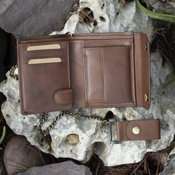 wombat English Hide Leather brown trifold Biker Wallet inside view