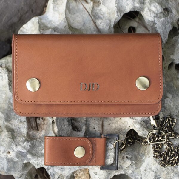 wombat English Hide tan Leather Biker Wallet showing personalisation