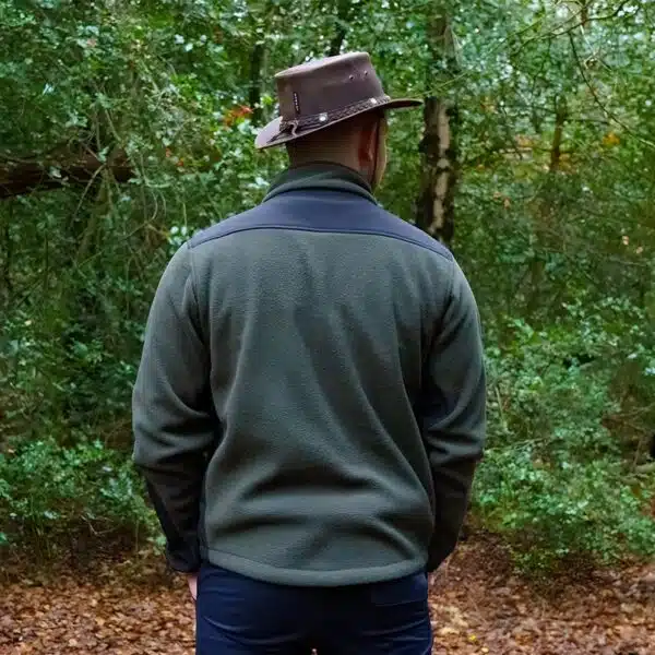 wombat green outdoor fleece on man rear view of jacket