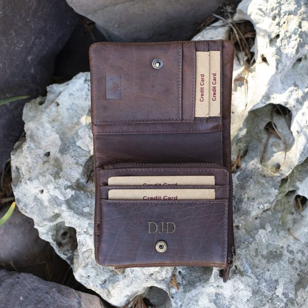 wombat Colombian Leather Trifold Wallet RFID Safe showing personalisation