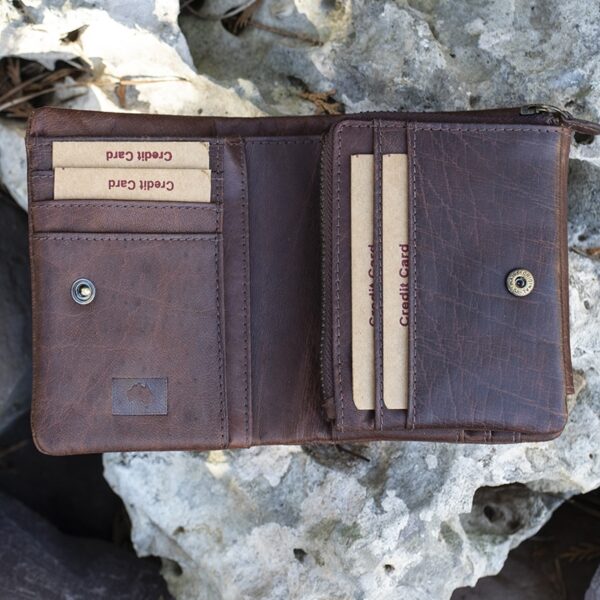 wombat Colombian Leather Trifold Wallet RFID Safe inside view showing card slots