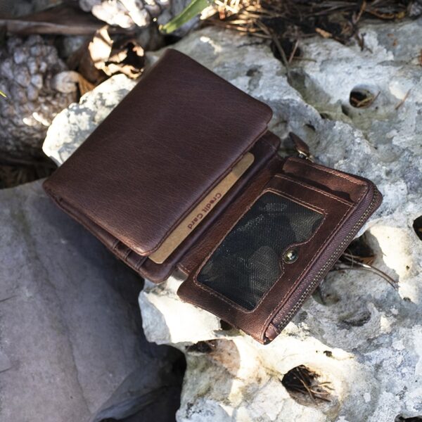 wombat Colombian Leather Trifold Wallet RFID Safe inside view showing id window and zipped coin pocket