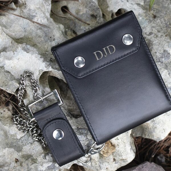 wombat English Hide Leather black bifold Biker Wallet showing personalisation