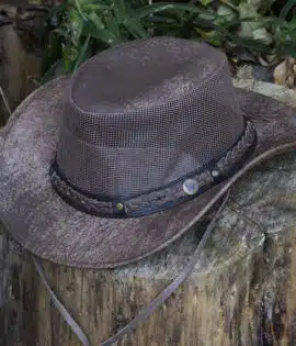 the wilds air brown leather hat with mesh sides