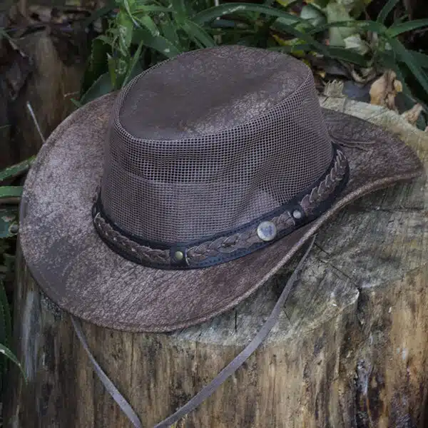 the wilds air brown leather hat with mesh sides