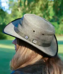 woman wearing Wombat The outlander thick washed demin unisex hat