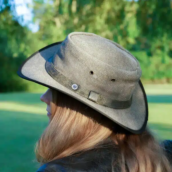 woman wearing Wombat The outlander thick washed demin unisex hat