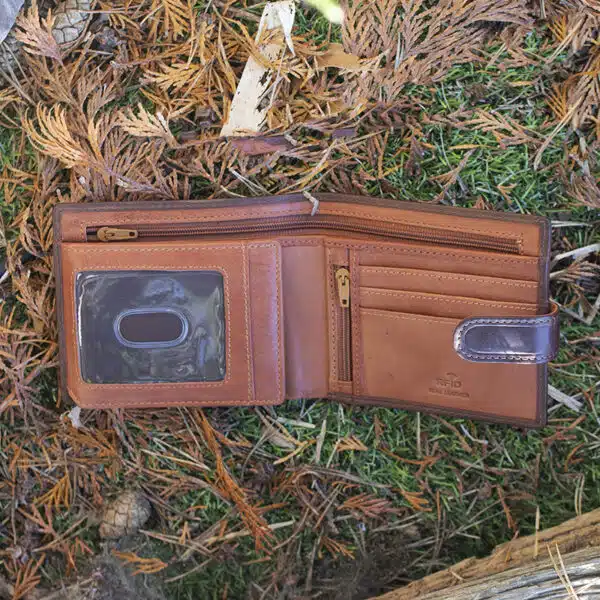 brown leather wallet on a grass and leaf background