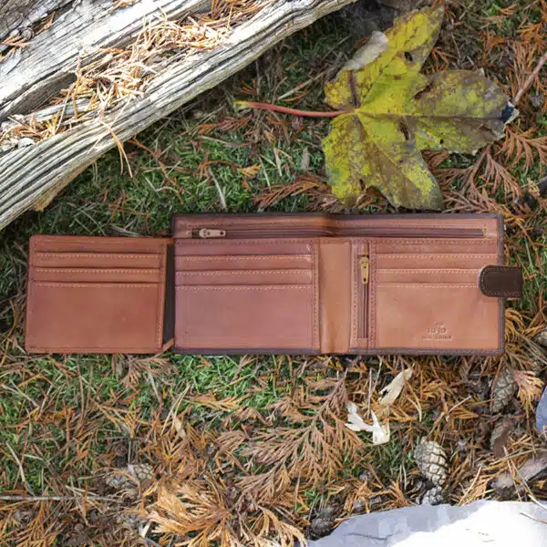 brown leather wallet on a grass and leaf background