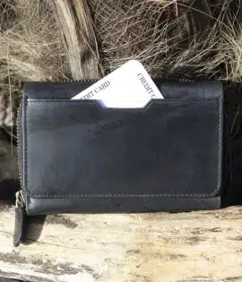 wombat woman's large leather purse black leather with a vintage finish showing front card pouch