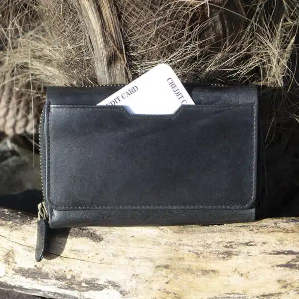 wombat woman's large leather purse black leather with a vintage finish showing front card pouch