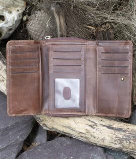 wombat woman's large leather purse brown leather with a vintage finish open showing card slots and ID window