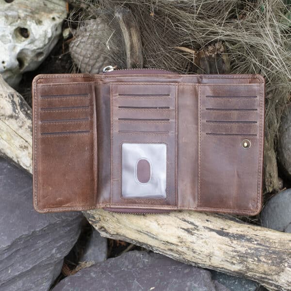 wombat woman's large leather purse brown leather with a vintage finish open showing card slots and ID window