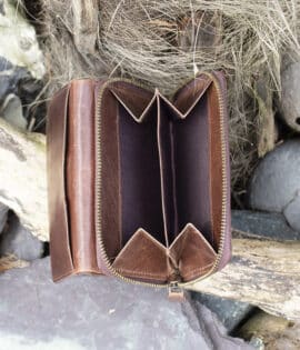 Womans brown vintage style leather large purse Wallet showing rear coin purse 2 sections and a chunky metal zip