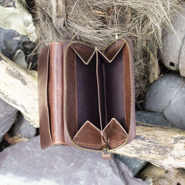 Womans brown vintage style leather large purse Wallet showing rear coin purse 2 sections and a chunky metal zip