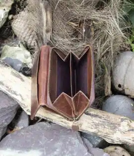 Womans brown vintage style leather large purse Wallet showing rear coin purse 2 sections and a chunky metal zip