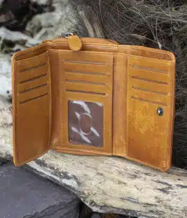 wombat woman's large leather purse tan leather with a vintage finish open showing card slots and ID window