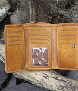 wombat woman's large leather purse tan leather with a vintage finish open showing card slots and ID window